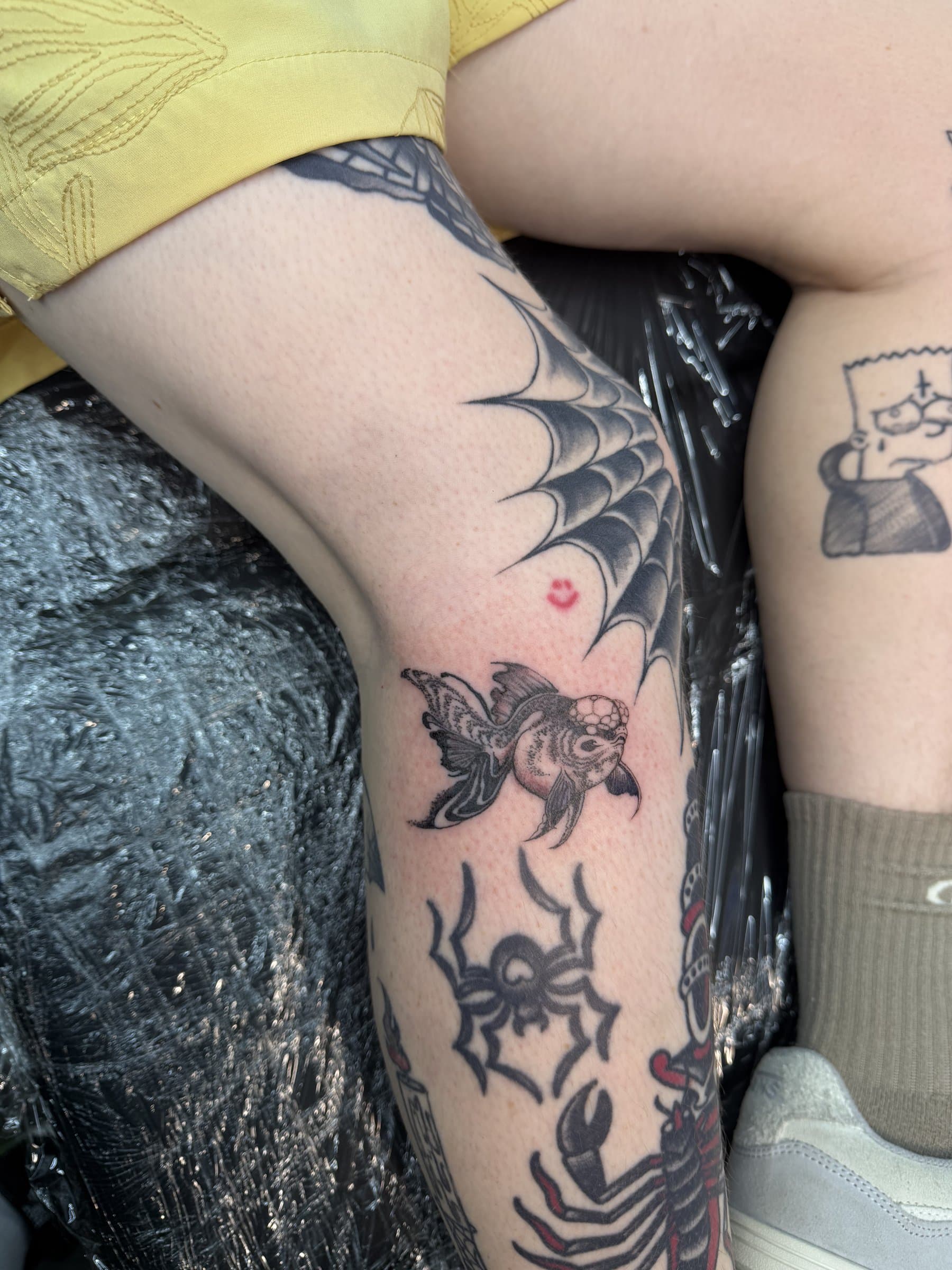 Spider web with butterfly and traditional designs — black work leg piece